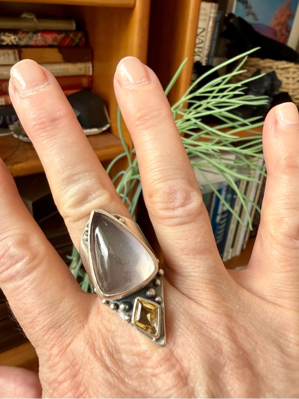 Acid Queen Warrior Shield Ring, Rose Quartz and Citrine, Size US 8 - Picture 5 of 9